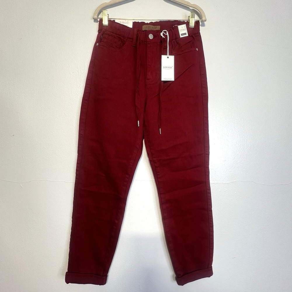 Judy Blue High Rise Drawstring On A Roll Jogger Denim Pants Scarlet Sz 5/27